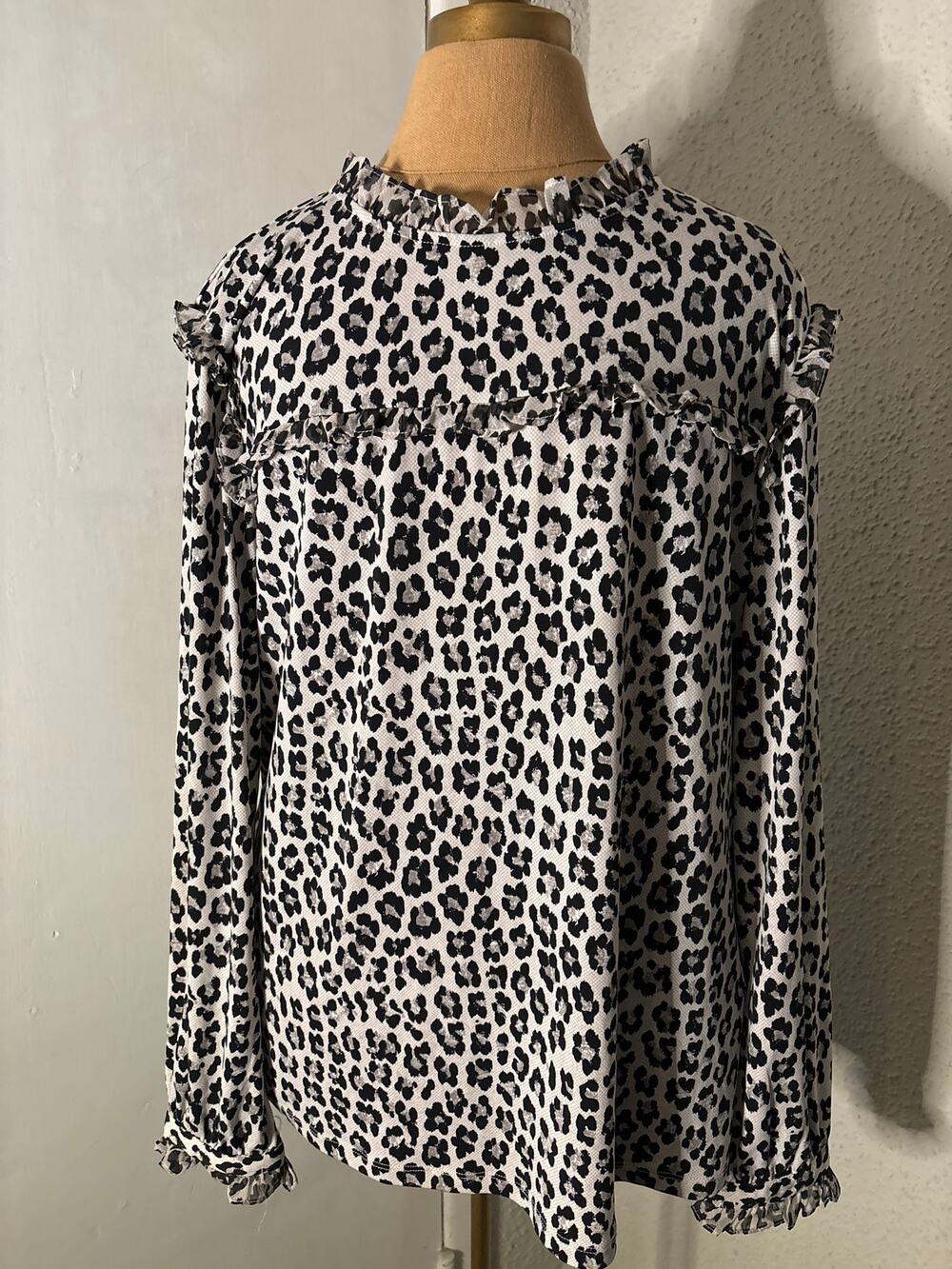 Karl Lagerfeld Ruffled Leopard Blouse L Black/White Animal Print Mobwife Casual